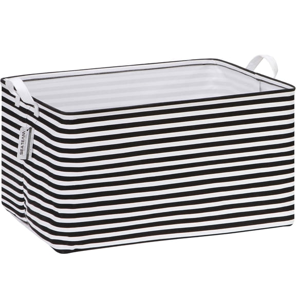 Sea Team Collapsible Extra Large Canvas Fabric Storage Basket with Handles, Rectangle Waterproof Storage Bin, Box, Cube, Foldable Shelf Basket, Closet Organizer, 22 x 15 x 13 Inches, Black Stripe