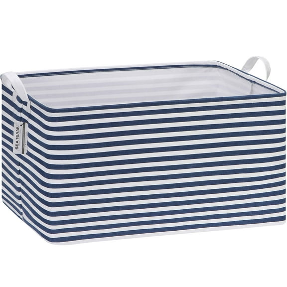 Sea Team Collapsible Extra Large Canvas Fabric Storage Basket with Handles, Rectangle Waterproof Storage Bin, Box, Cube, Foldable Shelf Basket, Closet Organizer, 22 x 15 x 13 Inches, Navy Stripe