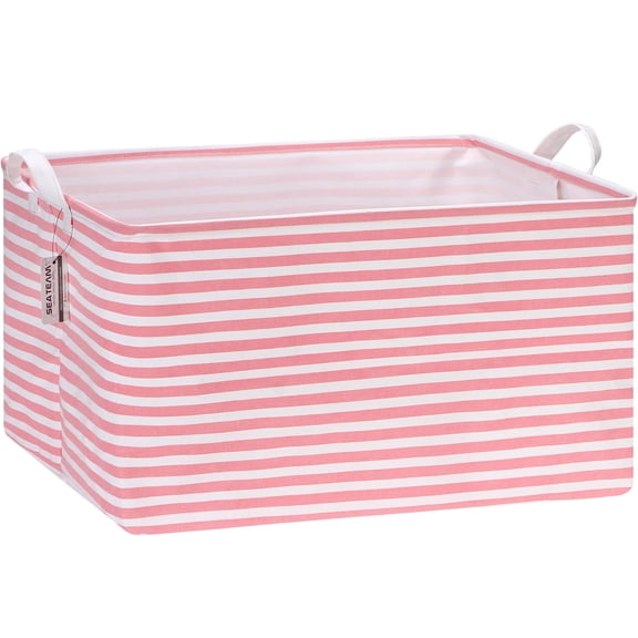 Sea Team Collapsible Extra Large Canvas Fabric Storage Basket with Handles, Rectangle Waterproof Storage Bin, Box, Cube, Foldable Shelf Basket, Closet Organizer, 22 x 15 x 13 Inches, Pink Stripe