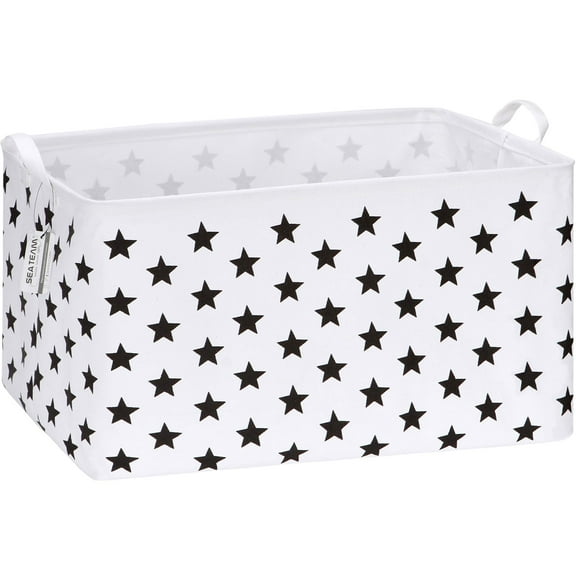 Sea Team Collapsible Extra Large Canvas Fabric Storage Basket with Handles, Rectangle Waterproof Storage Bin, Box, Cube, Foldable Shelf Basket, Closet Organizer, 22 x 15 x 13 Inches, Black Star