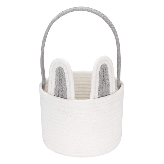 Sea Team Easter Bunny Basket for Eggs Hunt, Easter Eggs Bucket, Small Woven Cotton Rope Tote Bag with Rabbit Ears & Fluffy Tail for Kids, Easter Days Decoration, Party, Holidays, Grey