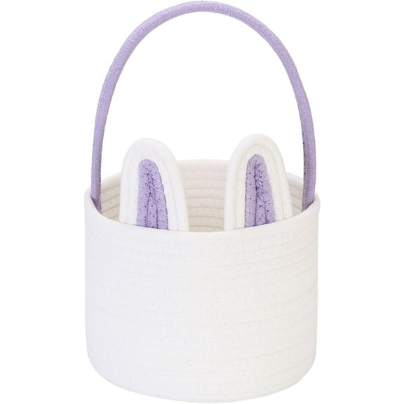 Sea Team Easter Bunny Basket for Eggs Hunt, Easter Eggs Bucket, Small Woven Cotton Rope Tote Bag with Rabbit Ears & Fluffy Tail for Kids, Easter Days Decoration, Party, Holidays, Lavender
