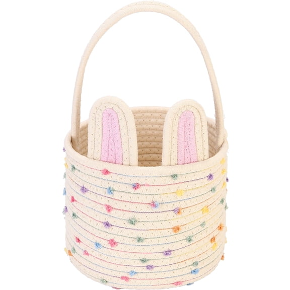 Sea Team Easter Bunny Basket for Eggs Hunt, Easter Eggs Bucket, Small Woven Cotton Rope Tote Bag with Rabbit Ears & Fluffy Tail for Kids, Easter Days Decoration, Party, Holidays, Rainbow
