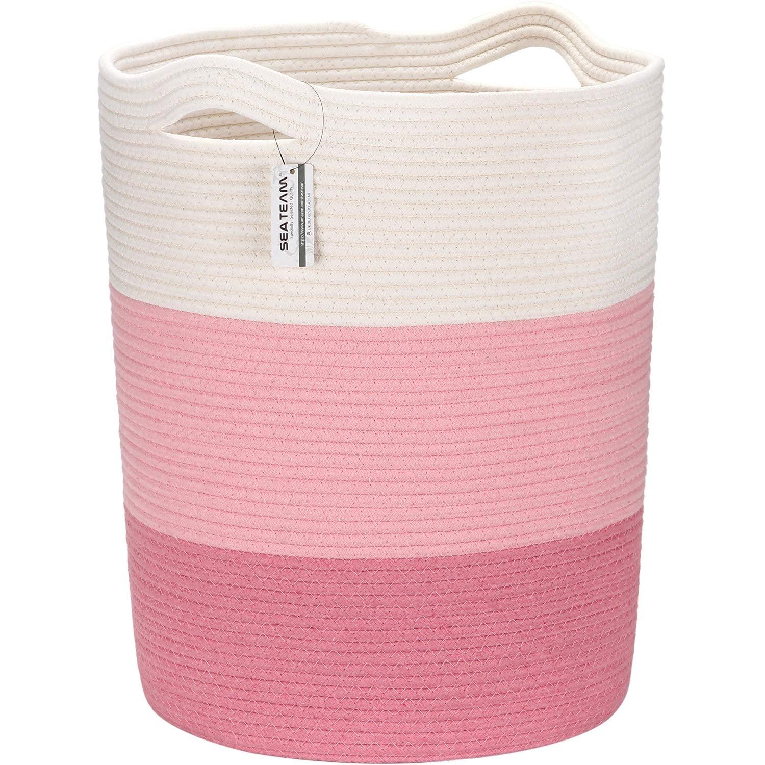 Sea Team Large Size Cotton Rope Woven Storage Basket Laundry Hamper with Handles, 14 x 20 inches, White & Pink