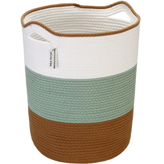 Sea Team Large Size Cotton Rope Woven Storage Basket Laundry Hamper with Handles, 14 x 20 inches, Green & Brown