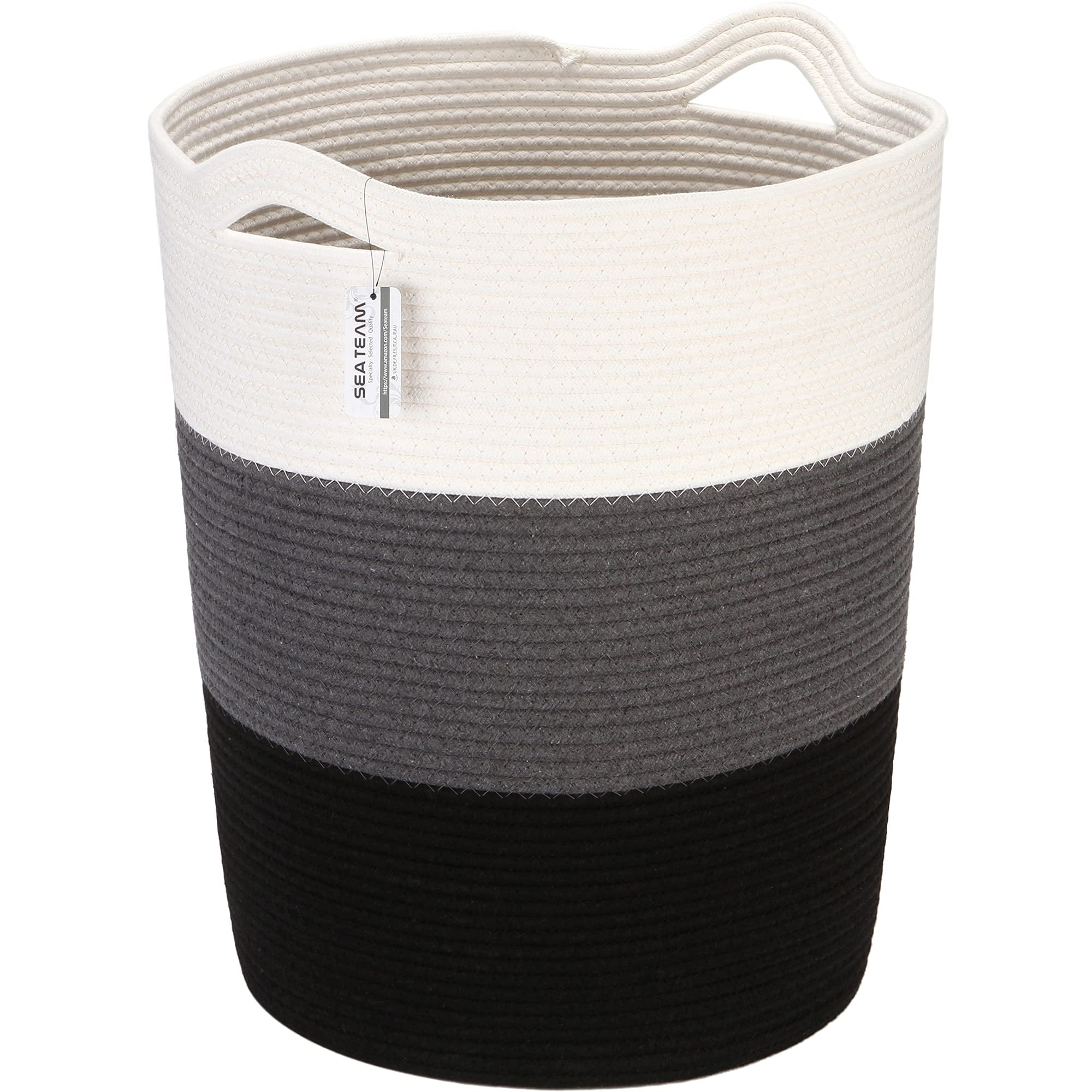 Sea Team Large Size Cotton Rope Woven Storage Basket Laundry Hamper with Handles, 14 x 20 inches, White & Black