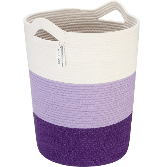 Sea Team Large Size Cotton Rope Woven Storage Basket Laundry Hamper with Handles, 14 x 20 inches, White & Lavender