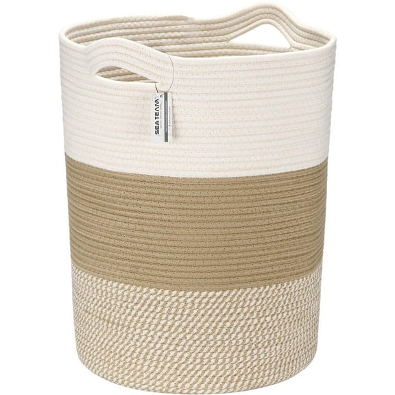 Sea Team Large Size Cotton Rope Woven Storage Basket Laundry Hamper with Handles, 14 x 20 inches, White & Mottled Khaki