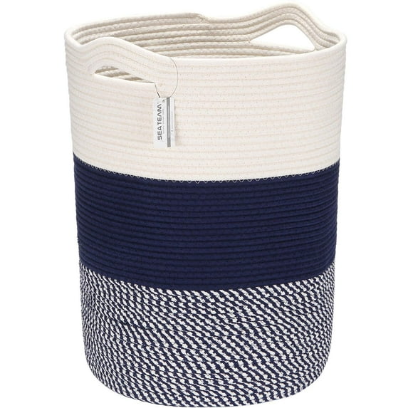Sea Team Large Size Cotton Rope Woven Storage Basket Laundry Hamper with Handles, 14 x 20 inches, White & Mottled Navy