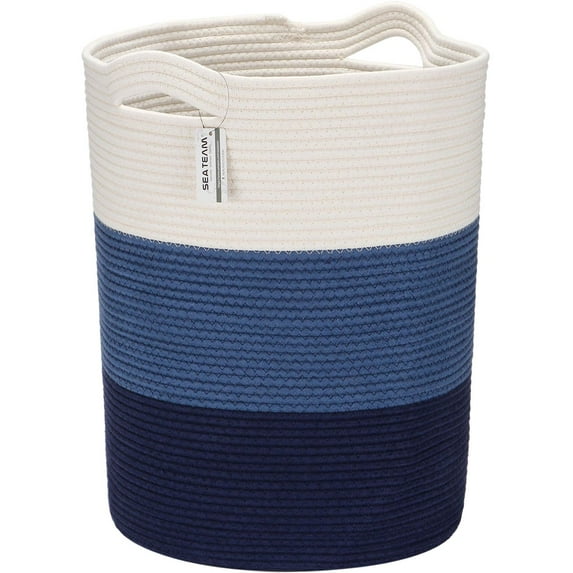 Sea Team Large Size Cotton Rope Woven Storage Basket Laundry Hamper with Handles, 14 x 20 inches, White & Navy