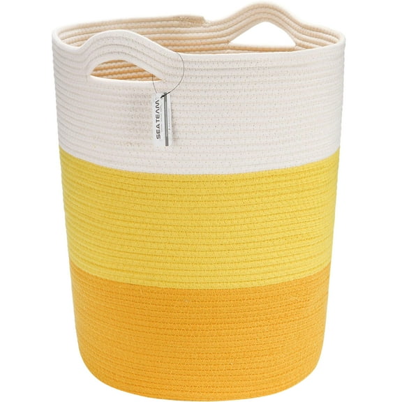 Sea Team Large Size Cotton Rope Woven Storage Basket Laundry Hamper with Handles, 14 x 20 inches, White & Yellow