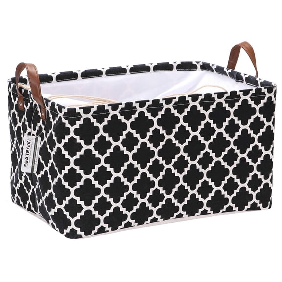 Sea Team Moroccan Lattice Pattern Canvas Fabric Storage Basket Collapsible Geometric Design Storage Bin with Drawstring Cover and PU Leather Handles, 16.5 x 11.8 x 9.1 inches, Black