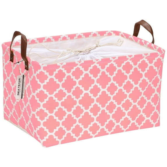 Sea Team Moroccan Lattice Pattern Canvas Fabric Storage Basket Collapsible Geometric Design Storage Bin with Drawstring Cover and PU Leather Handles, 16.5 x 11.8 x 9.1 inches, Pink
