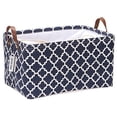 thumbnail image 1 of Sea Team Moroccan Lattice Pattern Canvas Fabric Storage Basket Collapsible Geometric Design Storage Bin with Drawstring Cover and PU Leather Handles, 16.5 x 11.8 x 9.1 inches, Navy, 1 of 7