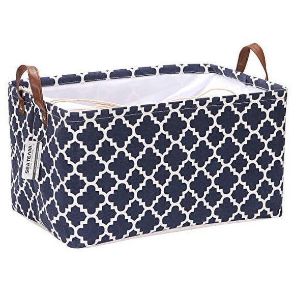 Sea Team Moroccan Lattice Pattern Canvas Fabric Storage Basket Collapsible Geometric Design Storage Bin with Drawstring Cover and PU Leather Handles, 16.5 x 11.8 x 9.1 inches, Navy