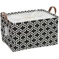 thumbnail image 1 of Sea Team Moroccan Quatrefoil Pattern Canvas Fabric Storage Basket Collapsible Geometric Design Storage Bin with Drawstring Cover and PU Leather Handles, 16.5 by 11.8 inches, Black, 1 of 5