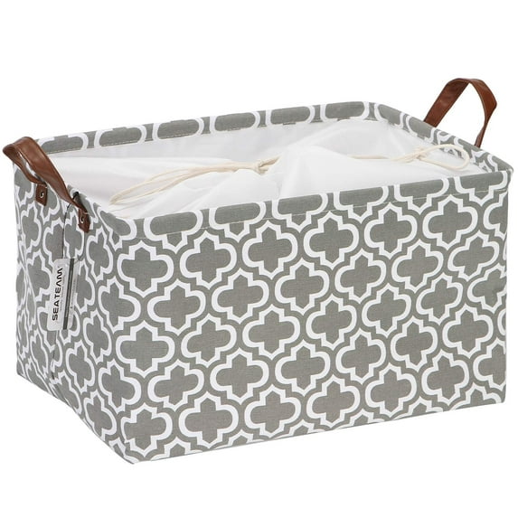 Sea Team Moroccan Quatrefoil Pattern Canvas Fabric Storage Basket Collapsible Geometric Design Storage Bin with Drawstring Cover and PU Leather Handles, 16.5 by 11.8 inches, Grey