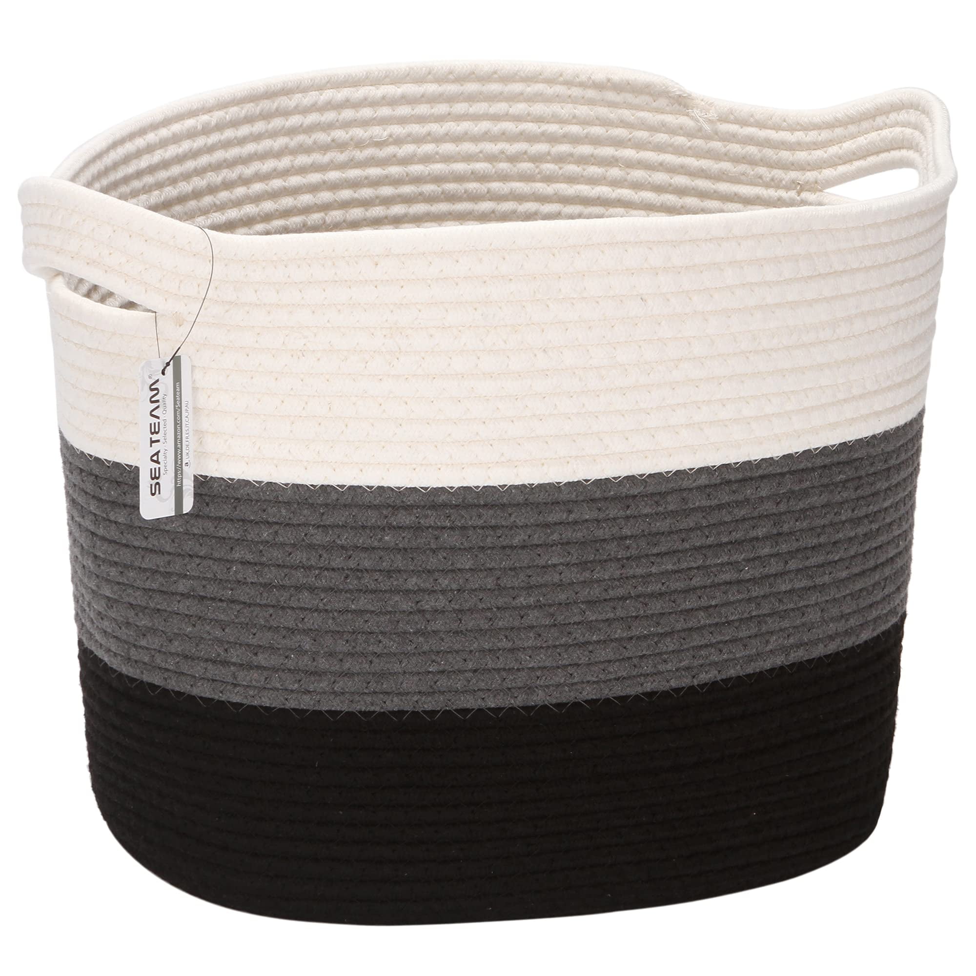 Sea Team Oval Cotton Rope Woven Storage Basket with Handles, 16 x 13 inches, White & Black