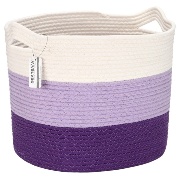 Sea Team Oval Cotton Rope Woven Storage Basket with Handles, 16 x 13 inches, White & Lavender