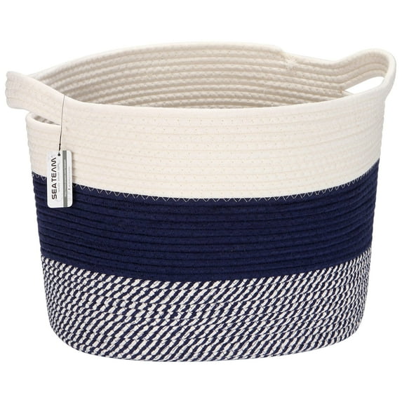 Sea Team Oval Cotton Rope Woven Storage Basket with Handles, 16 x 13 inches, White & Mottled Navy