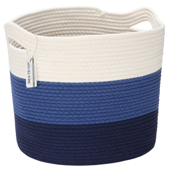 Sea Team Oval Cotton Rope Woven Storage Basket with Handles, 16 x 13 inches, White & Navy