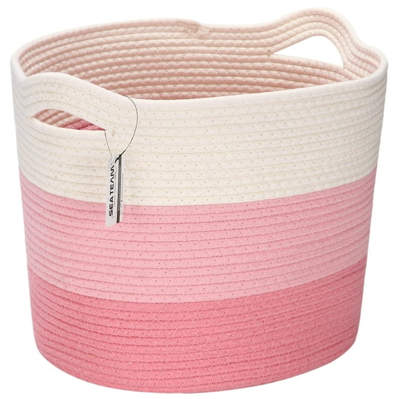 Sea Team Oval Cotton Rope Woven Storage Basket with Handles, 16 x 13 inches, White & Pink