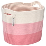Sea Team Oval Cotton Rope Woven Storage Basket with Handles, 16 x 13 inches, White & Pink