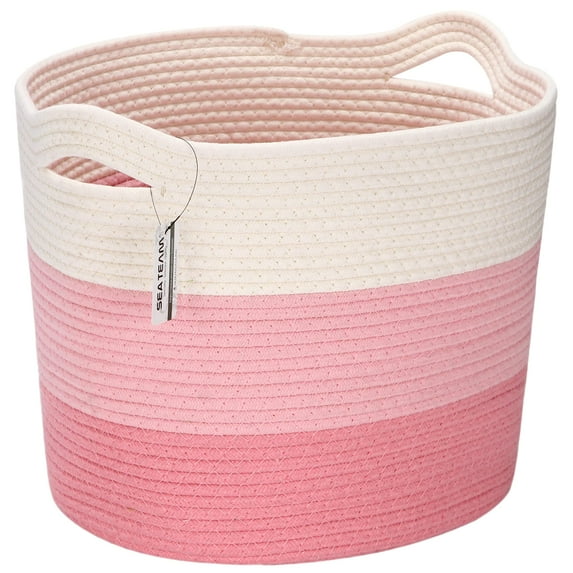 Sea Team Oval Cotton Rope Woven Storage Basket with Handles, 16 x 13 inches, White & Pink