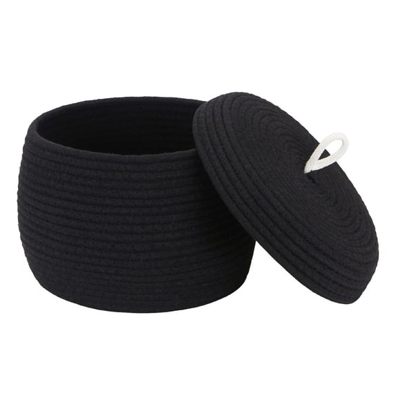 Sea Team Round Cotton Rope Storage Basket with Lid, Decorative Woven Storage Bin, Pot, Caddy, Organizer, Container for Snacks, Towels, Plants, 10 x 7.5 Inches (Small, Black)