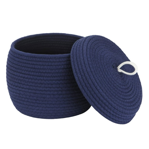 Sea Team Round Cotton Rope Storage Basket with Lid, Decorative Woven Storage Bin, Pot, Caddy, Organizer, Container for Snacks, Towels, Plants, 10 x 7.5 Inches (Small, Navy)