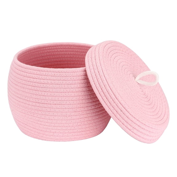 Sea Team Round Cotton Rope Storage Basket with Lid, Decorative Woven Storage Bin, Pot, Caddy, Organizer, Container for Snacks, Towels, Plants, 10 x 7.5 Inches (Small, Pink)