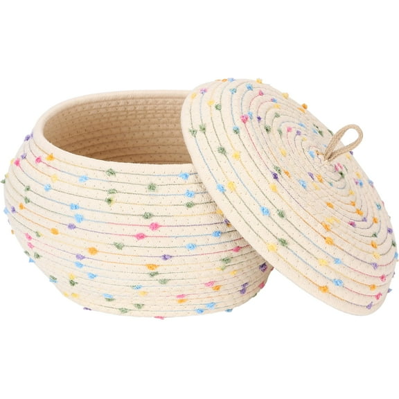Sea Team Round Cotton Rope Storage Basket with Lid, Decorative Woven Storage Bin, Pot, Caddy, Organizer, Container for Snacks, Towels, Plants, 10 x 7.5 Inches (Small, Rainbow)