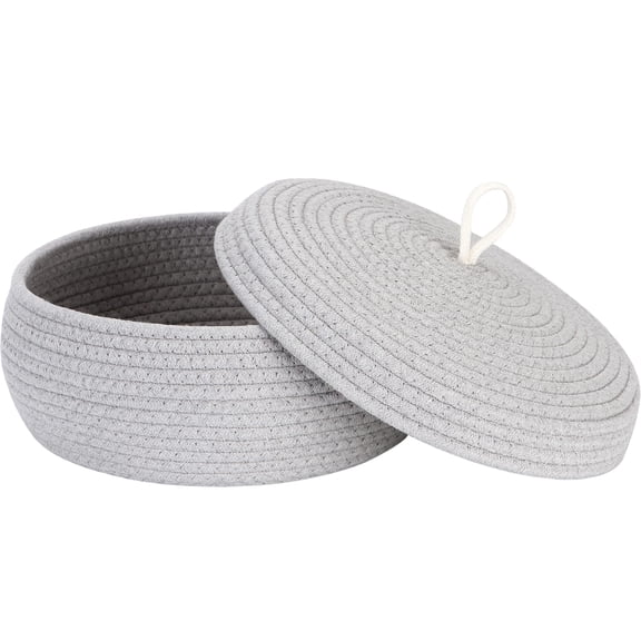 Sea Team Round Cotton Rope Storage Basket with Lid, Decorative Woven Storage Bin, Pot, Caddy, Organizer, Container for Snacks, Towels, Plants, 13 x 5.5 Inches (Large, Shallow, Grey)