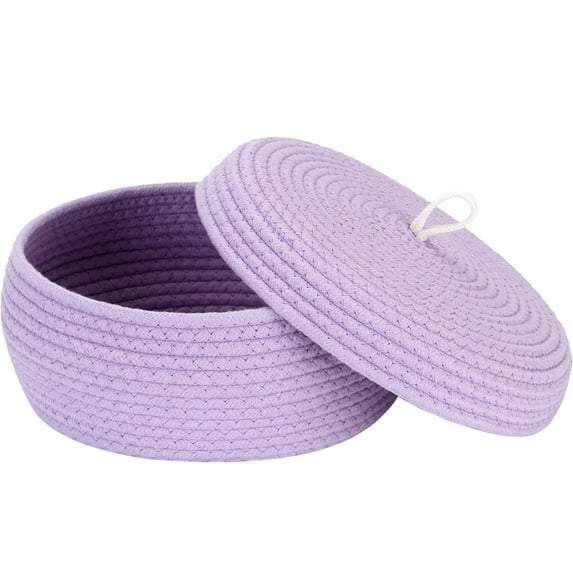 Sea Team Round Cotton Rope Storage Basket with Lid, Decorative Woven Storage Bin, Pot, Caddy, Organizer, Container for Snacks, Towels, Plants, 13 x 5.5 Inches (Large, Shallow, Lavender)