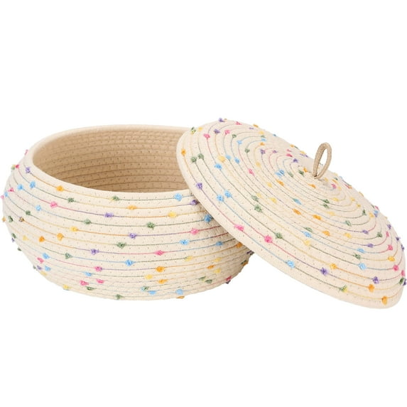 Sea Team Round Cotton Rope Storage Basket with Lid, Decorative Woven Storage Bin, Pot, Caddy, Organizer, Container for Snacks, Towels, Plants, 13 x 5.5 Inches (Large, Shallow, Rainbow)