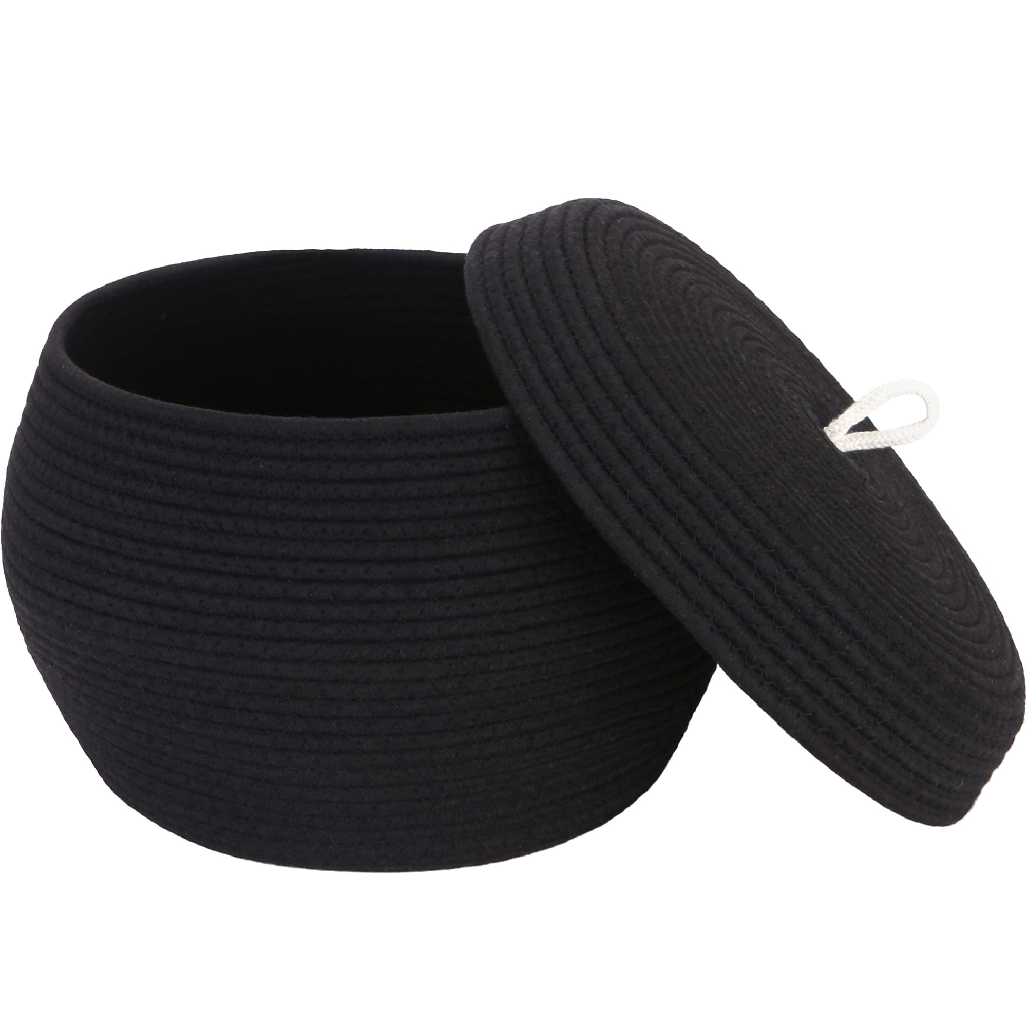Sea Team Round Cotton Rope Storage Basket with Lid, Decorative Woven Storage Bin, Pot, Caddy, Organizer, Container for Snacks, Towels, Plants, 13 x 9 Inches (Large, Black)