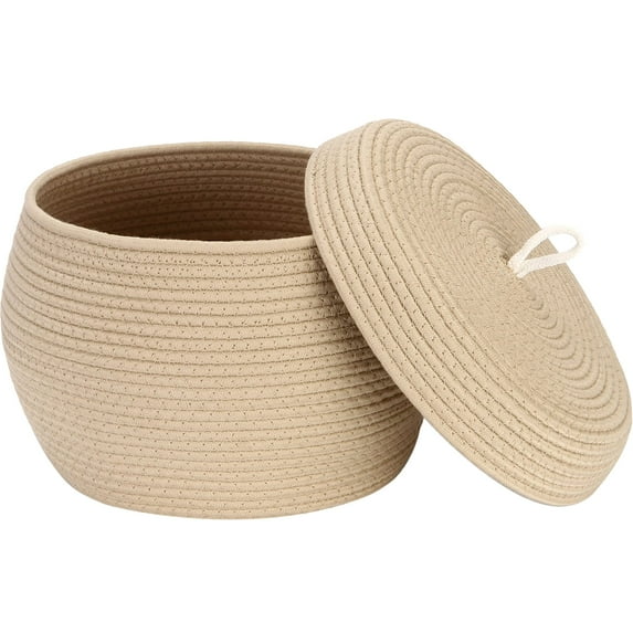 Sea Team Round Cotton Rope Storage Basket with Lid, Decorative Woven Storage Bin, Pot, Caddy, Organizer, Container for Snacks, Towels, Plants, 13 x 9 Inches (Large, Khaki)