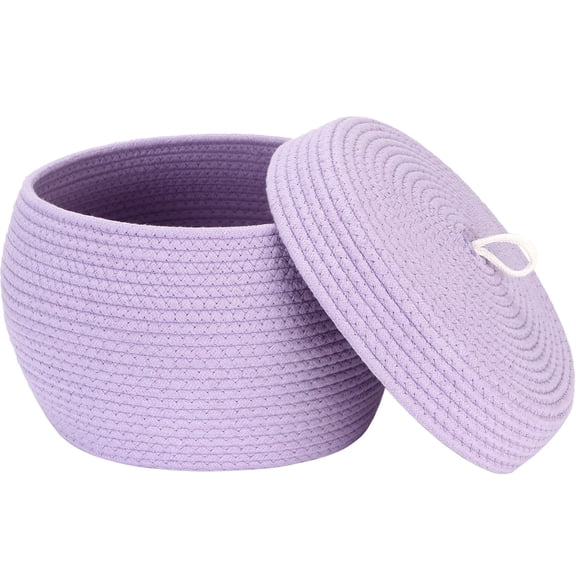 Sea Team Round Cotton Rope Storage Basket with Lid, Decorative Woven Storage Bin, Pot, Caddy, Organizer, Container for Snacks, Towels, Plants, 13 x 9 Inches (Large, Lavender)