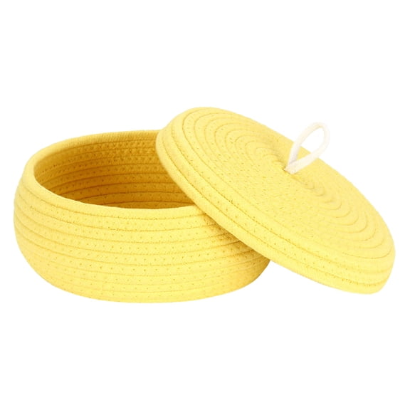 Sea Team Round Cotton Rope Storage Basket with Lid, Decorative Woven Storage Bin, Pot, Caddy, Organizer, Container for Snacks, Towels, Plants, 10 x 4.5 Inches (Small, Shallow, Yellow)