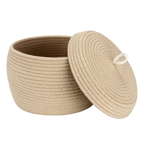 Sea Team Round Cotton Rope Storage Basket with Lid, Decorative Woven Storage Bin, Pot, Caddy, Organizer, Container for Snacks, Towels, Plants, 10 x 7.5 Inches (Small, Khaki)