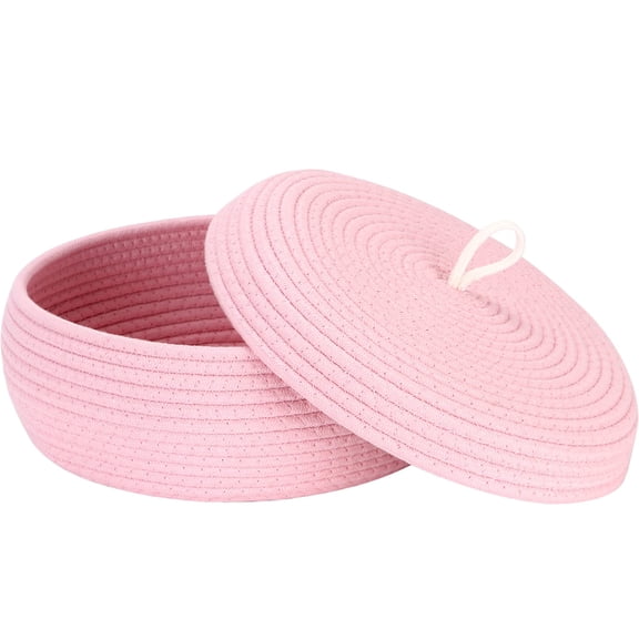 Sea Team Round Cotton Rope Storage Basket with Lid, Decorative Woven Storage Bin, Pot, Caddy, Organizer, Container for Snacks, Towels, Plants, 13 x 5.5 Inches (Large, Shallow, Pink)