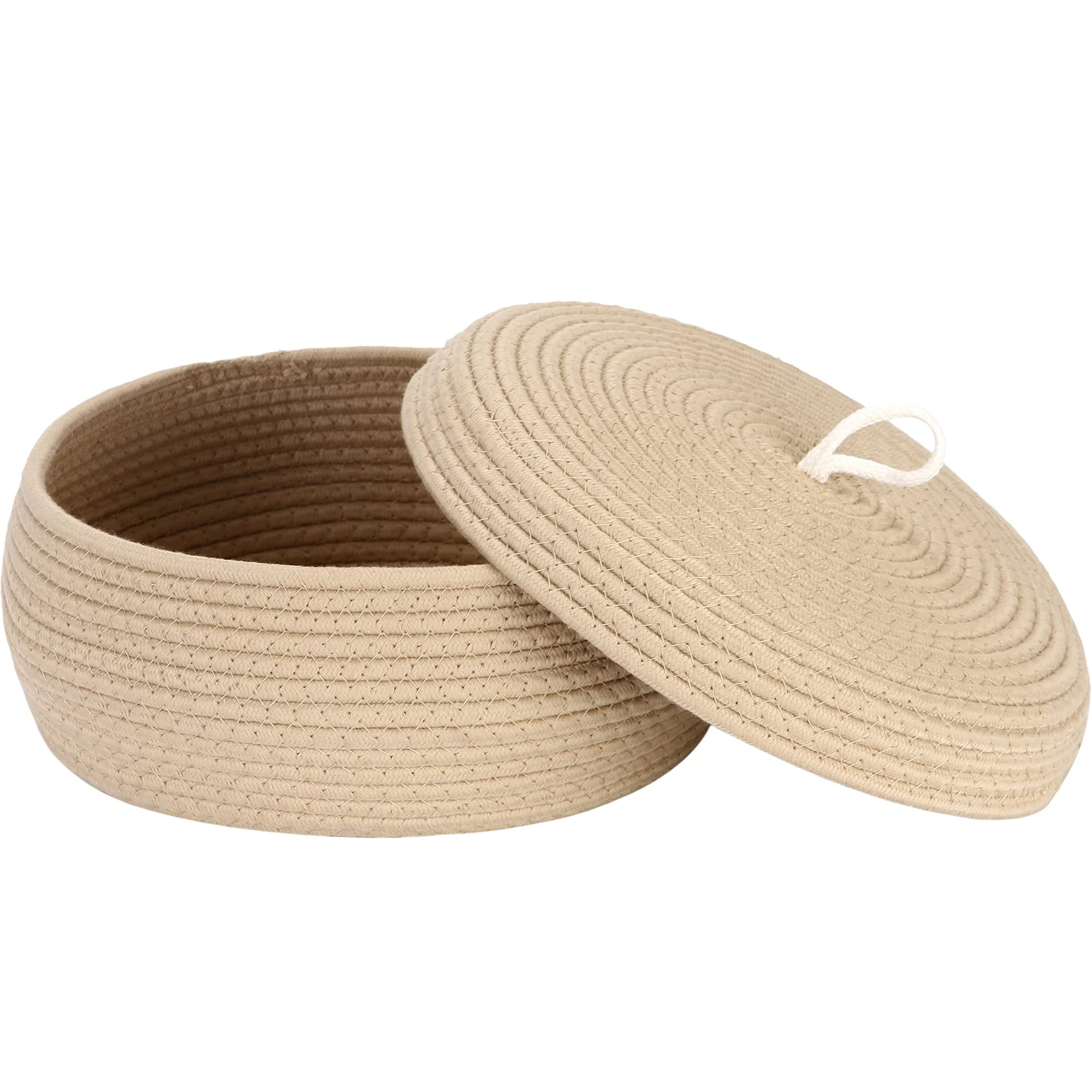 Sea Team Round Cotton Rope Storage Basket with Lid, Decorative Woven Storage Bin, Pot, Caddy, Organizer, Container for Snacks, Towels, Plants, 13 x 5.5 Inches (Large, Shallow, Khaki)