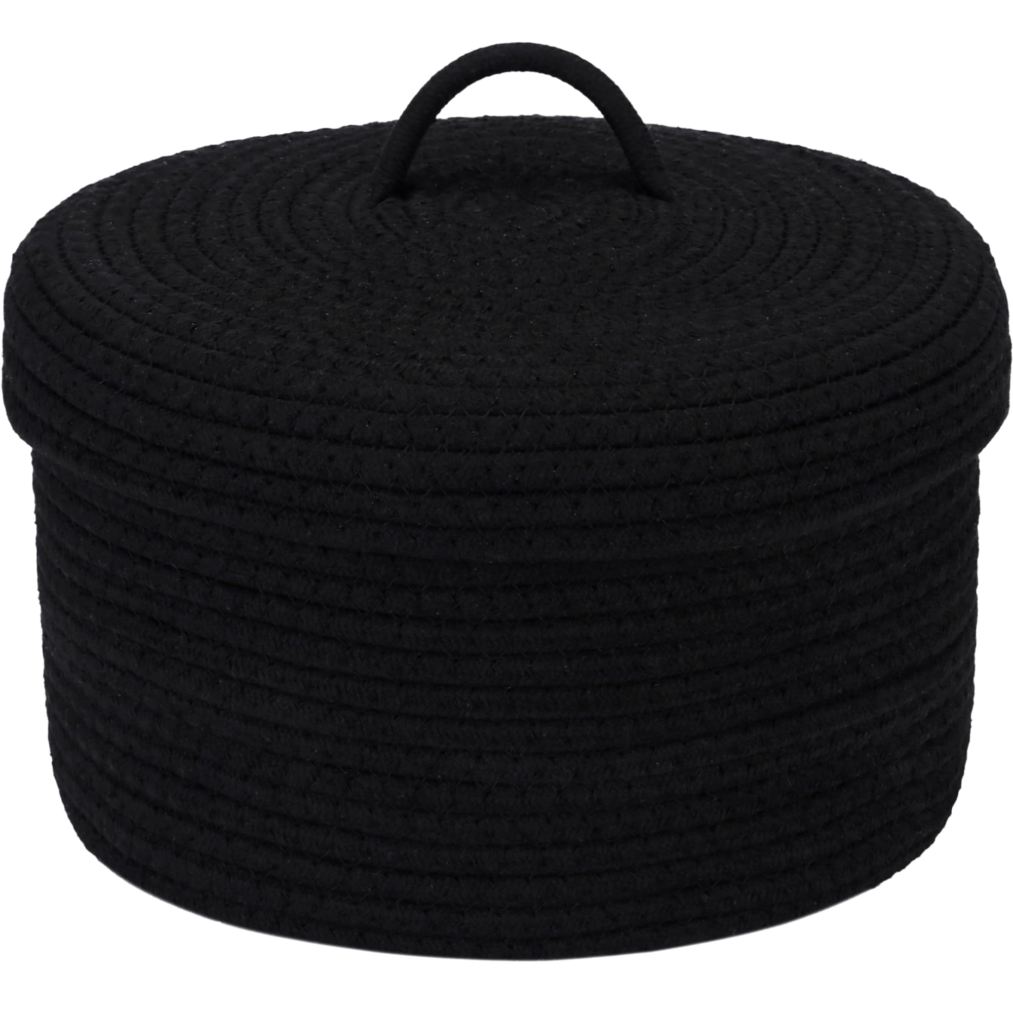 Sea Team Round Cotton Rope Storage Basket with Lid, Lidded Woven Storage Bin, Nursery Storage Container, Diaper Caddy, Baby Shower Basket, Box, Organizer, 11.8 x 11.8 x 6.7 Inches, Black