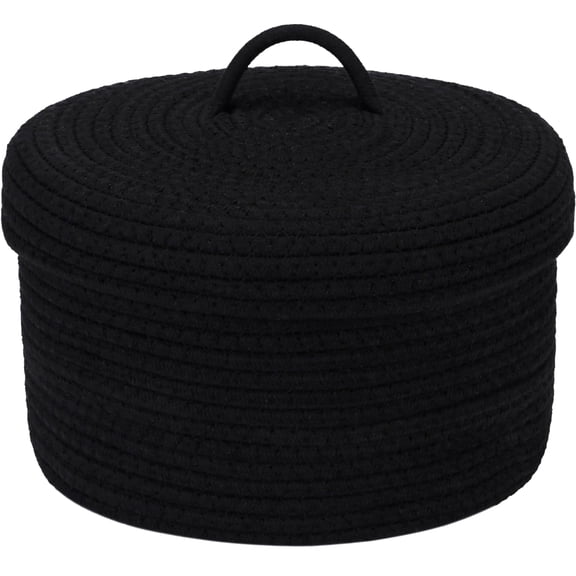 Sea Team Round Cotton Rope Storage Basket with Lid, Lidded Woven Storage Bin, Nursery Storage Container, Diaper Caddy, Baby Shower Basket, Box, Organizer, 11.8 x 11.8 x 6.7 Inches, Black