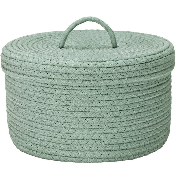 Sea Team Round Cotton Rope Storage Basket with Lid, Lidded Woven Storage Bin, Nursery Storage Container, Diaper Caddy, Baby Shower Basket, Box, Organizer, 11.8 x 11.8 x 6.7 Inches, Green