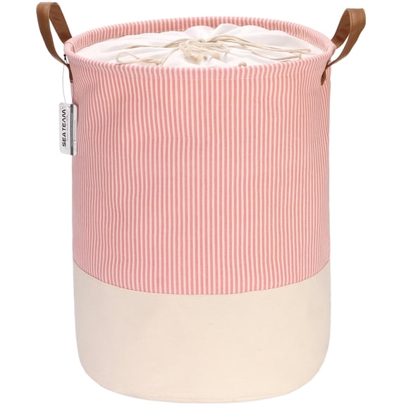 Sea Team Stripe Pattern Laundry Hamper Canvas Fabric Laundry Basket Collapsible Storage Bin with PU Leather Handles and Drawstring Closure, 17.7 by 13.8 inches, Waterproof Inner, Pink