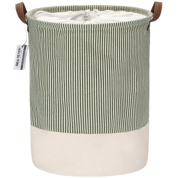 Sea Team Stripe Pattern Laundry Hamper Canvas Fabric Laundry Basket Collapsible Storage Bin with PU Leather Handles and Drawstring Closure, 17.7 by 13.8 inches, Waterproof Inner, Green