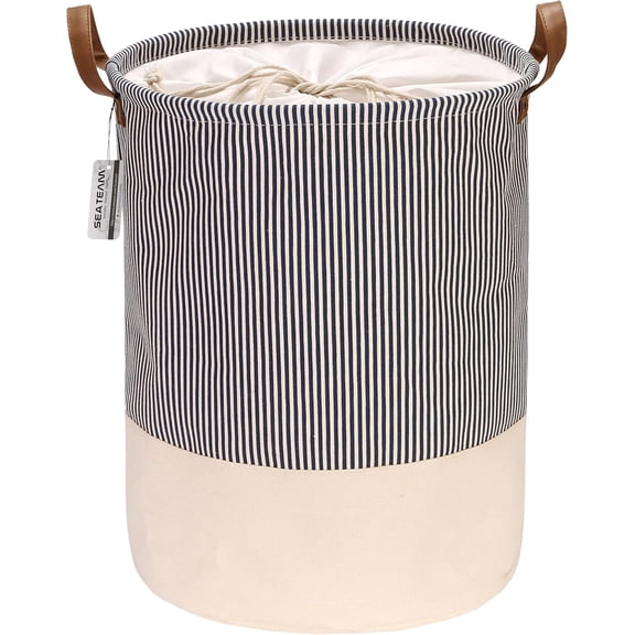 Sea Team Stripe Pattern Laundry Hamper Canvas Fabric Laundry Basket Collapsible Storage Bin with PU Leather Handles and Drawstring Closure, 17.7 by 13.8 inches, Waterproof Inner, Navy
