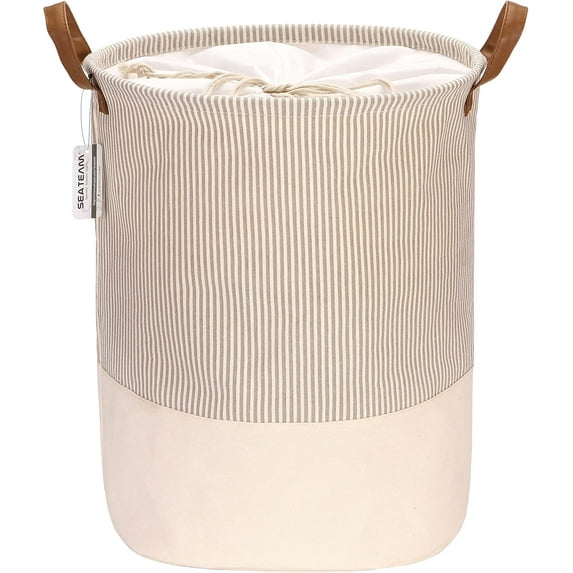 Sea Team Stripe Pattern Laundry Hamper Canvas Fabric Laundry Basket Collapsible Storage Bin with PU Leather Handles and Drawstring Closure, 17.7 by 13.8 inches, Waterproof Inner, Grey