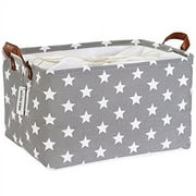 Sea Team Stylish Star Pattern Canvas Fabric Storage Basket Collapsible Geometric Design Storage Bin with Drawstring Cover and PU Leather Handles, 16.5 by 11.8 inches, Grey